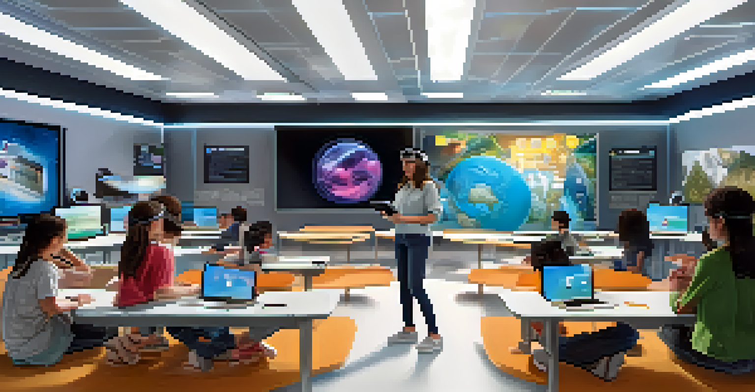 A futuristic digital classroom with students using tablets and virtual reality headsets for learning.