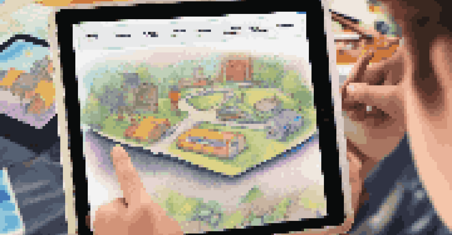 A student's hands using a tablet to create a story map, with an interactive narrative visible on the screen.
