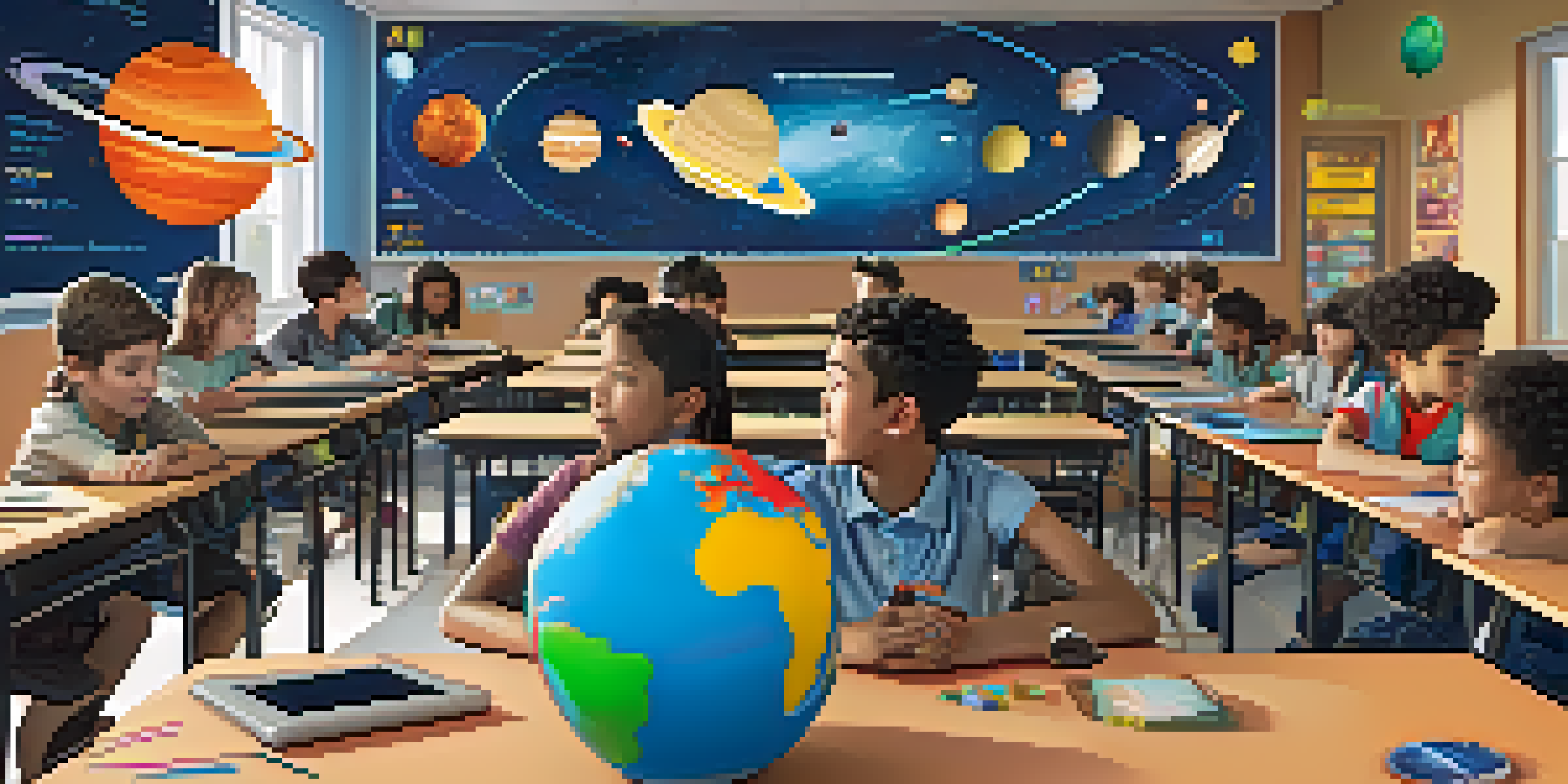 A bright classroom filled with students using augmented reality headsets to learn about the solar system, with 3D planets visible around them.