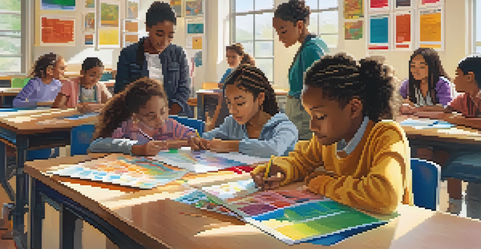 A vibrant classroom with students of different ethnicities working together on a project, while a teacher guides them, surrounded by cultural posters.
