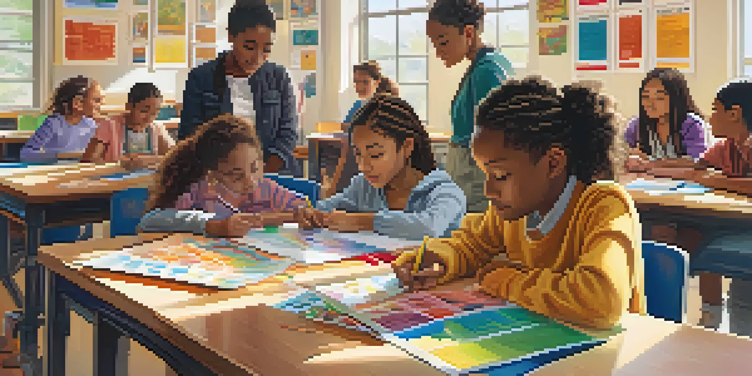A vibrant classroom with students of different ethnicities working together on a project, while a teacher guides them, surrounded by cultural posters.