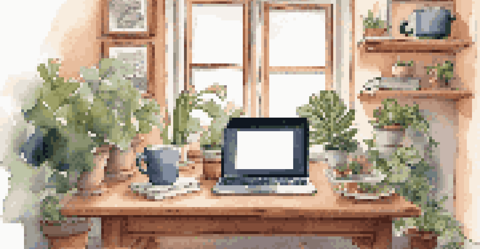 A cozy home office setup with a laptop displaying a microlearning video, surrounded by plants and books, under soft lighting.