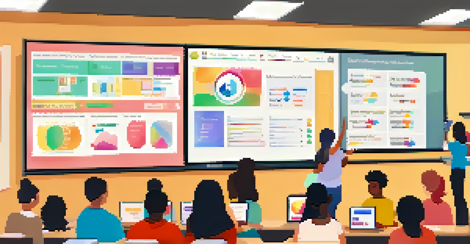 A large screen in a classroom showing an interactive digital quiz, with students engaged in discussion and a teacher facilitating the session.
