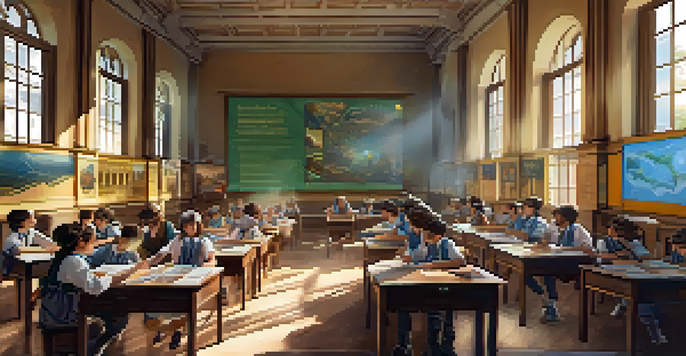 Students in a classroom wearing VR headsets, exploring a virtual ancient Roman city, with colorful educational posters around them.