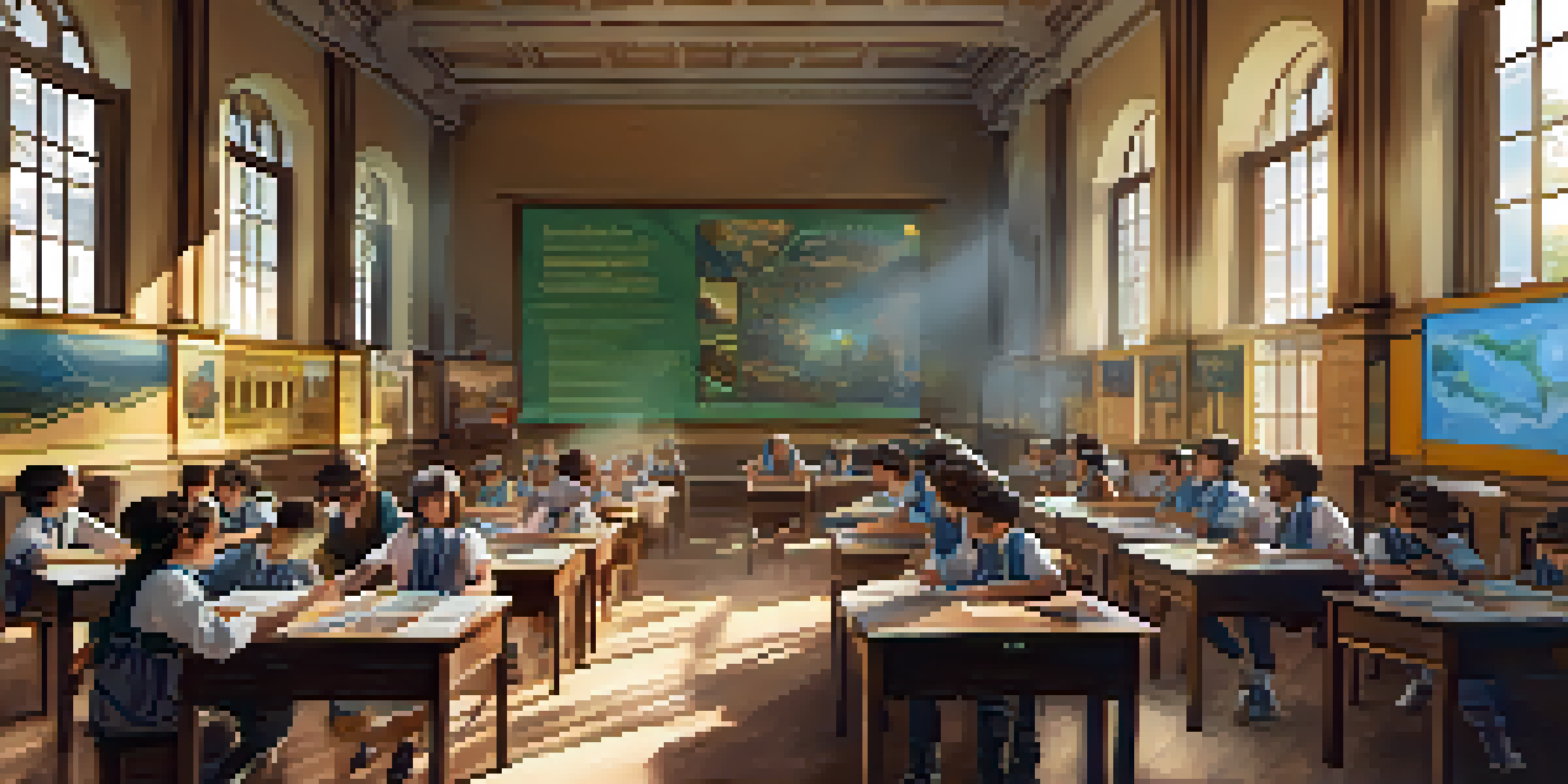 Students in a classroom wearing VR headsets, exploring a virtual ancient Roman city, with colorful educational posters around them.