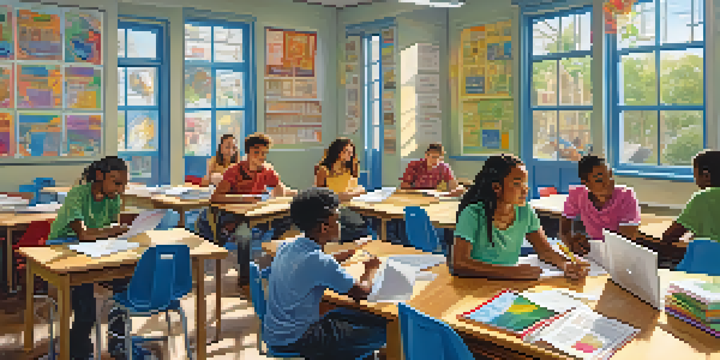 A diverse group of students collaborating in a bright classroom filled with colorful learning materials, discussing a project at a round table with laptops and papers.