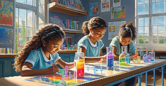 A lively classroom where young girls are actively participating in STEM activities, showcasing diversity and collaboration.