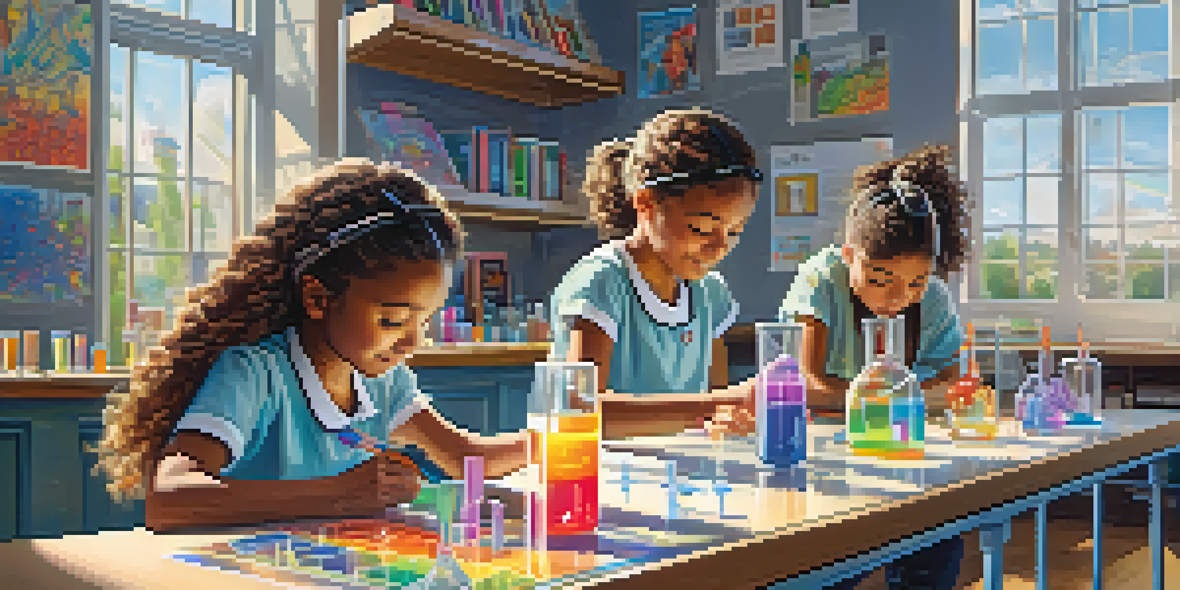 A lively classroom where young girls are actively participating in STEM activities, showcasing diversity and collaboration.