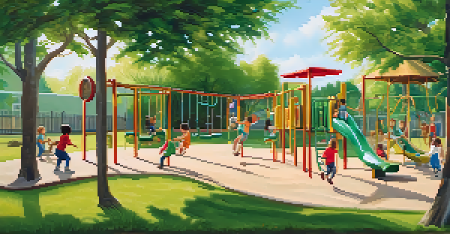 Children playing happily in a sunny playground, climbing and swinging, surrounded by nature.