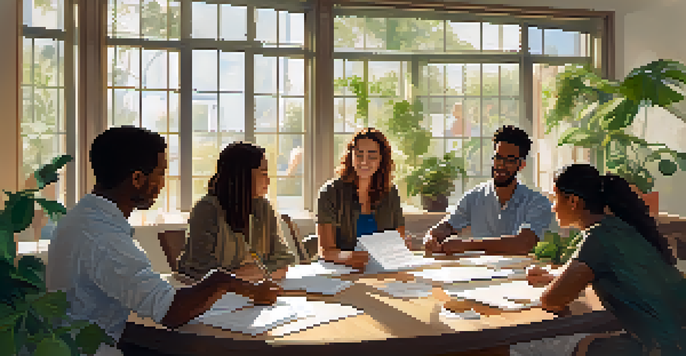 A diverse group of adults collaborating in a sunlit workshop, surrounded by plants and engaged in conversation.