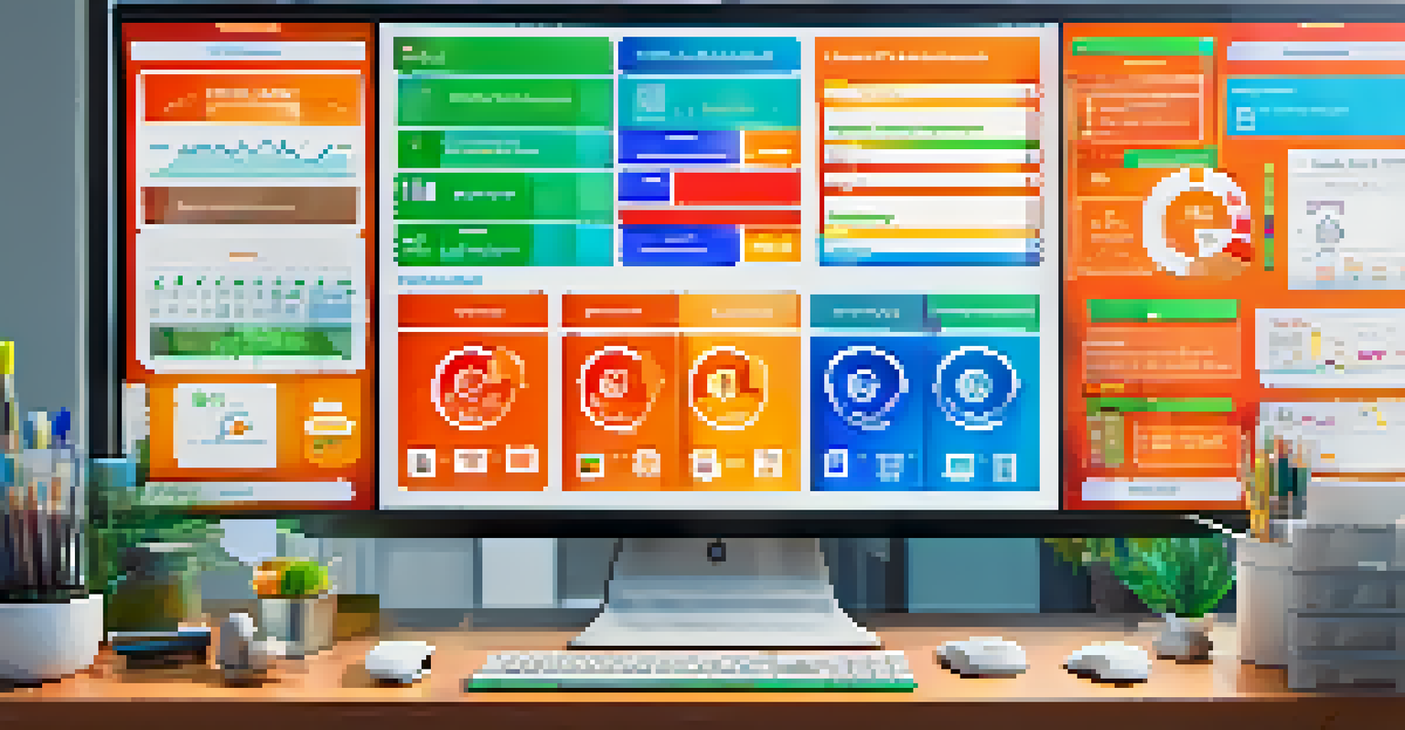 A computer screen displaying a gamified assessment dashboard with vibrant colors and progress indicators, set in a modern workspace.