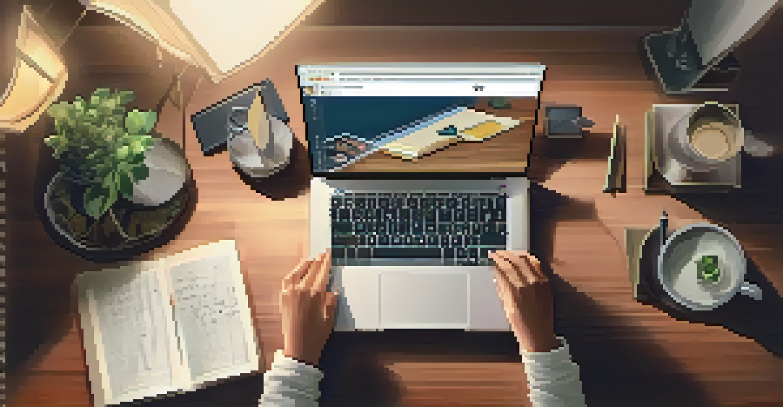 Close-up of hands typing on a laptop with a digital portfolio displayed in a cozy workspace.