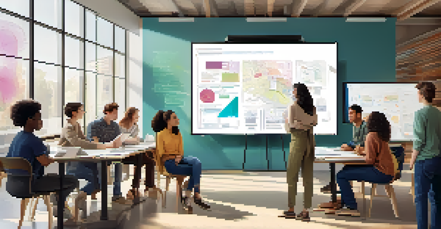 A diverse group of students collaborating on a project at a digital whiteboard in a bright workspace, filled with diagrams and notes.