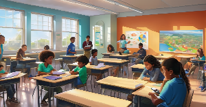 A lively classroom with diverse students using technology for blended learning, including tablets and laptops, while a teacher guides them.