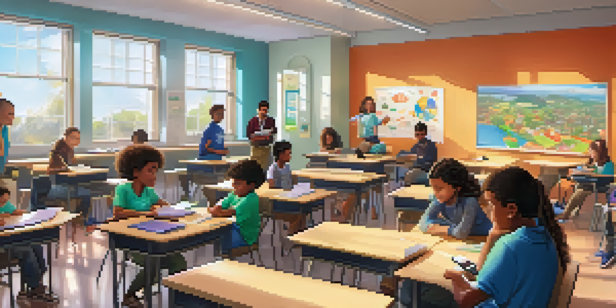 A lively classroom with diverse students using technology for blended learning, including tablets and laptops, while a teacher guides them.