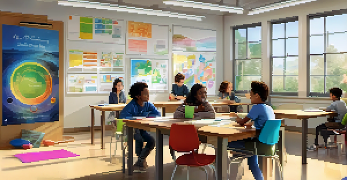 A diverse group of students working together in a bright and colorful classroom, sharing ideas and collaborating on a project.