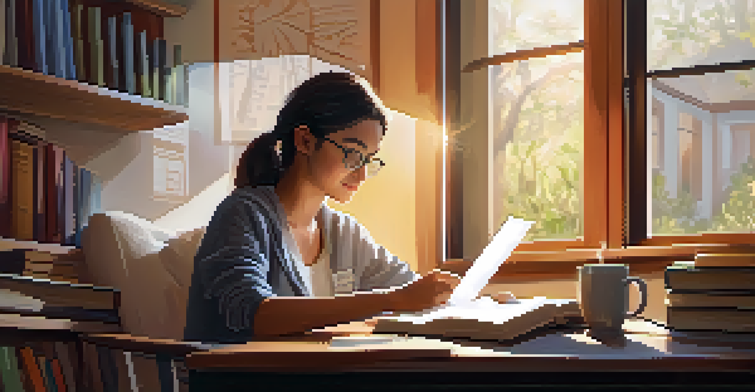 A student studying online at home, surrounded by books and a laptop, with a warm cup of coffee, in a cozy and well-lit environment.