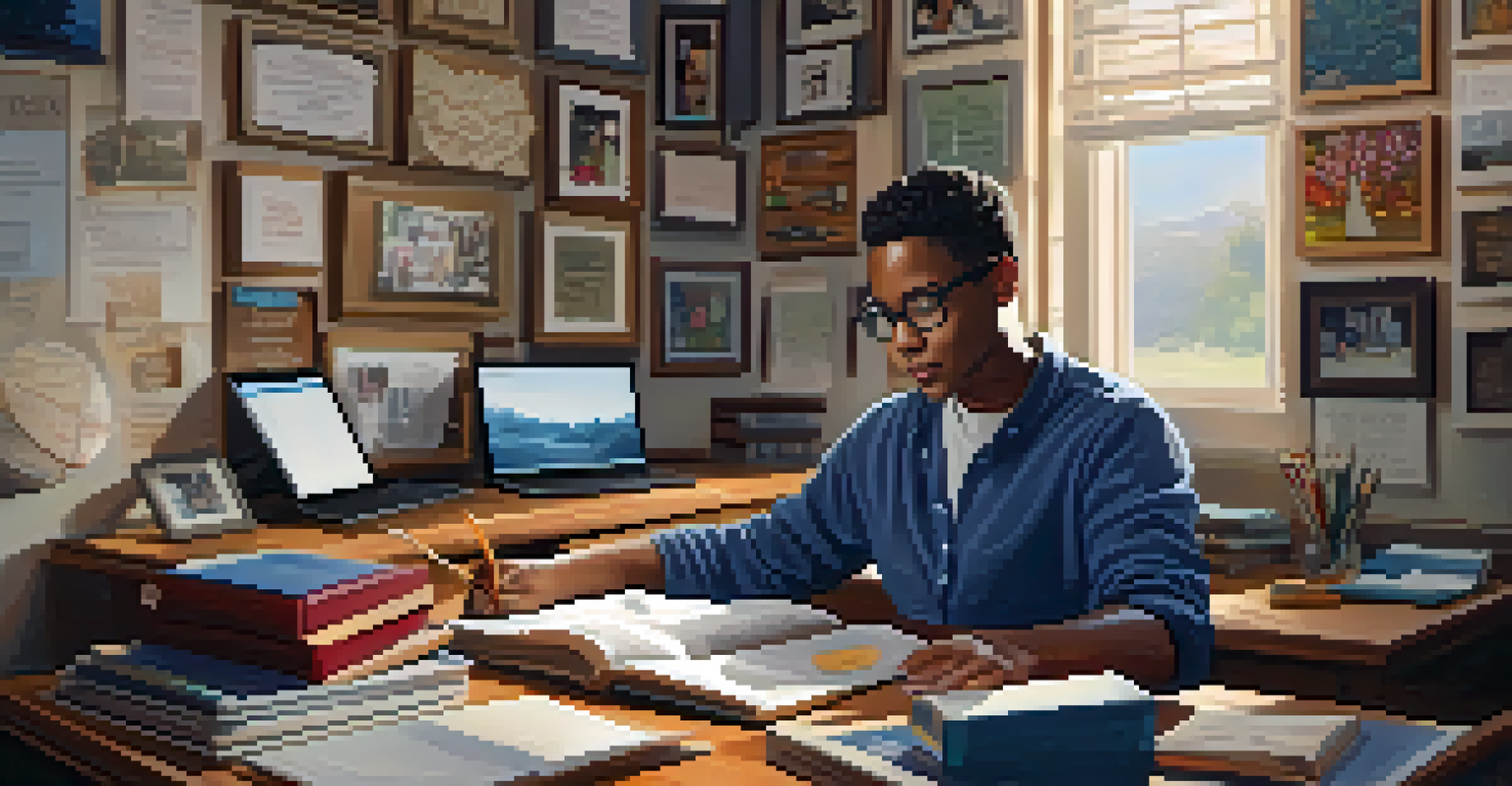 An adult learner in a home office, intently studying on a laptop, surrounded by personal items and study materials that reflect a family environment.