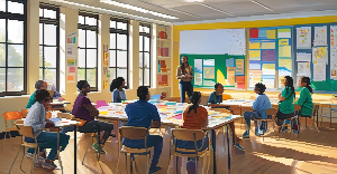 A diverse group of educators collaborating in a bright classroom filled with educational resources.