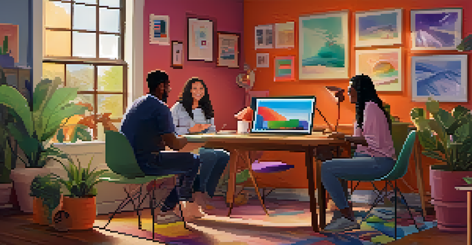 A cozy home office filled with diverse individuals participating in an online discussion, using laptops and tablets, surrounded by plants and colorful decor.