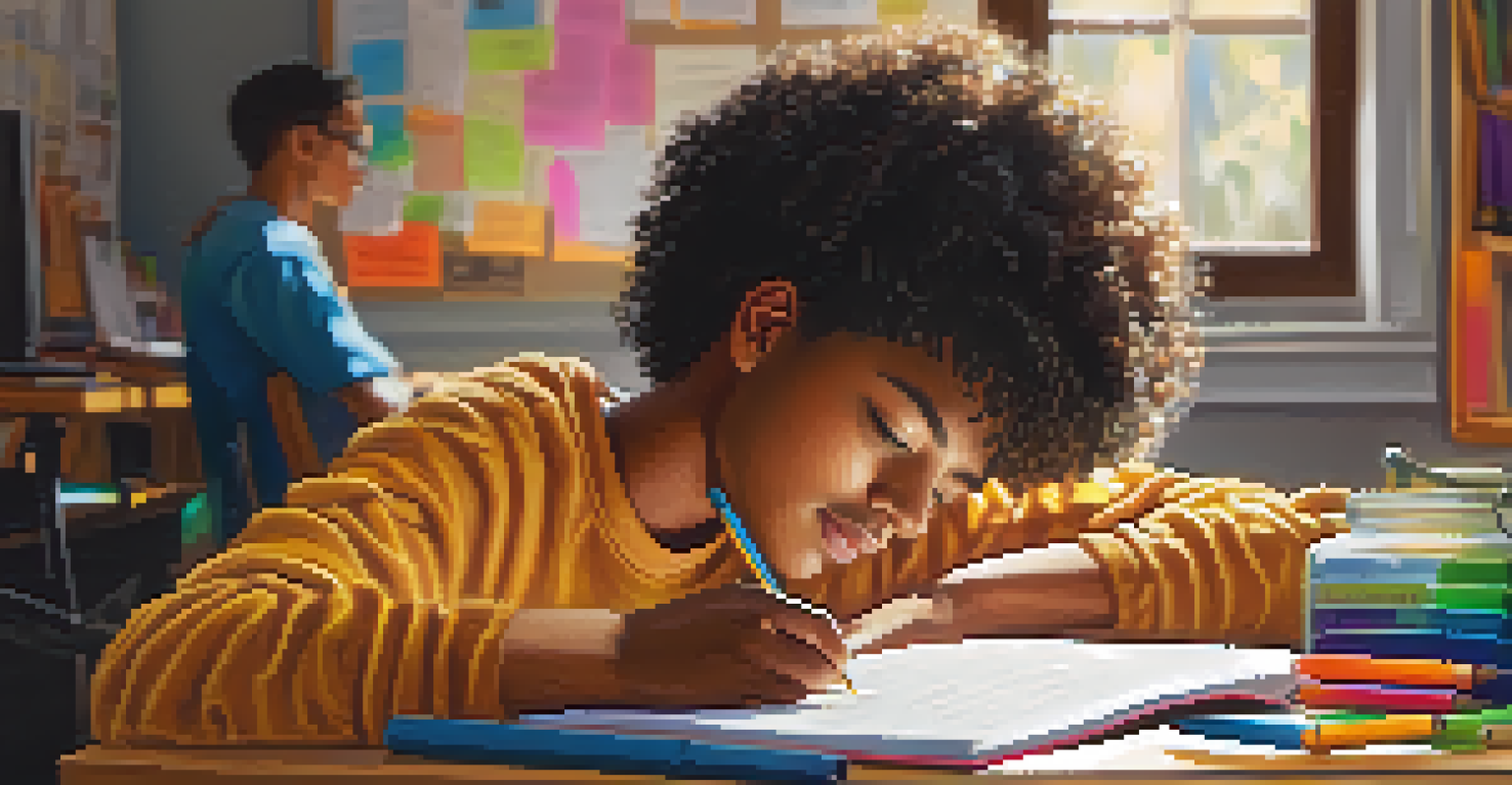 Close-up of a student writing in a reflective journal, surrounded by colorful pens and notes.