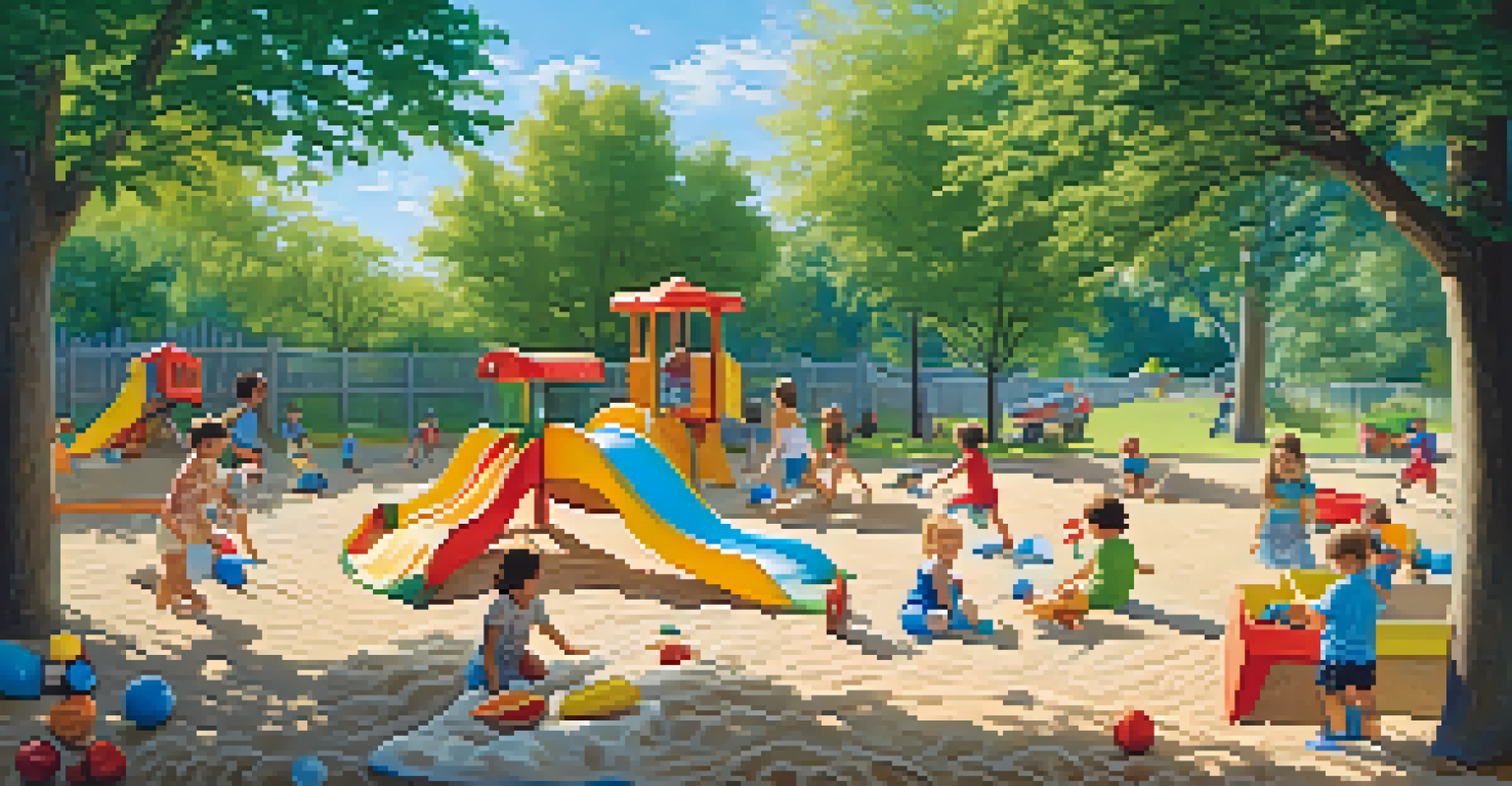 Children playing in a sandbox at a park, surrounded by trees and a clear blue sky.