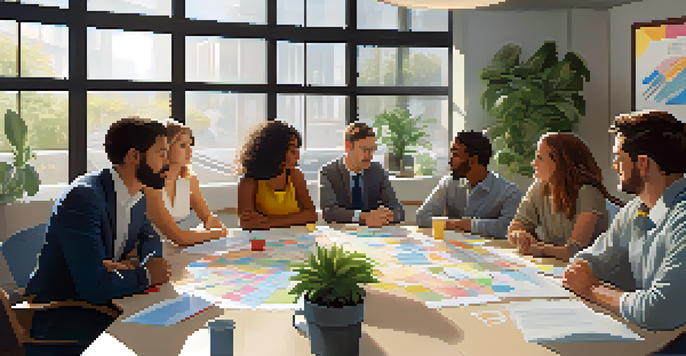 A diverse group of professionals engaged in a collaborative discussion in a bright office setting, with charts and notes on the table.