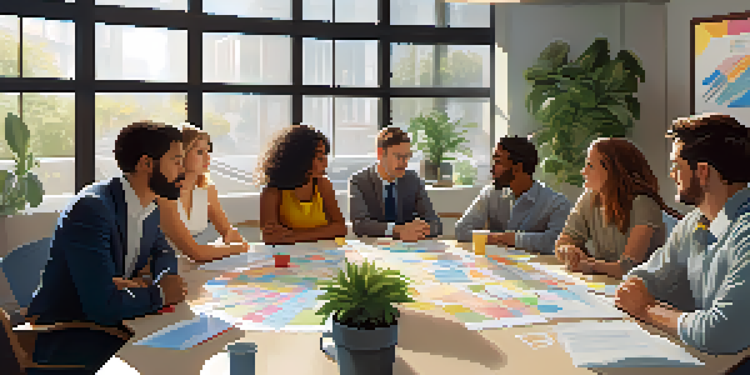 A diverse group of professionals engaged in a collaborative discussion in a bright office setting, with charts and notes on the table.