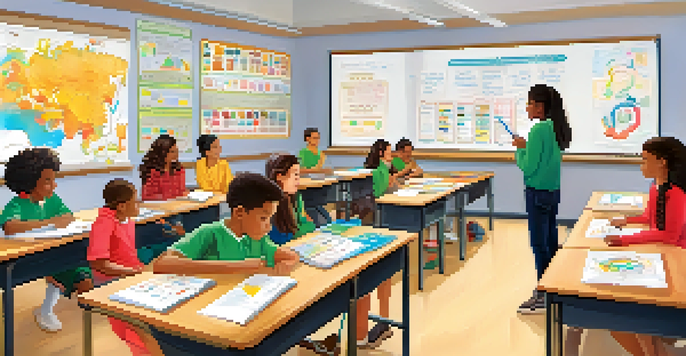 A classroom filled with diverse students collaborating and learning together under the guidance of a teacher, with colorful educational materials on the walls.