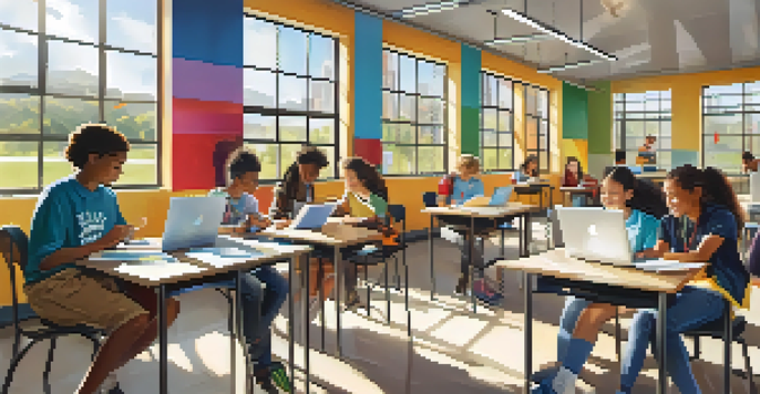 A diverse group of students in a well-lit classroom, collaborating with technology and educational materials around them.