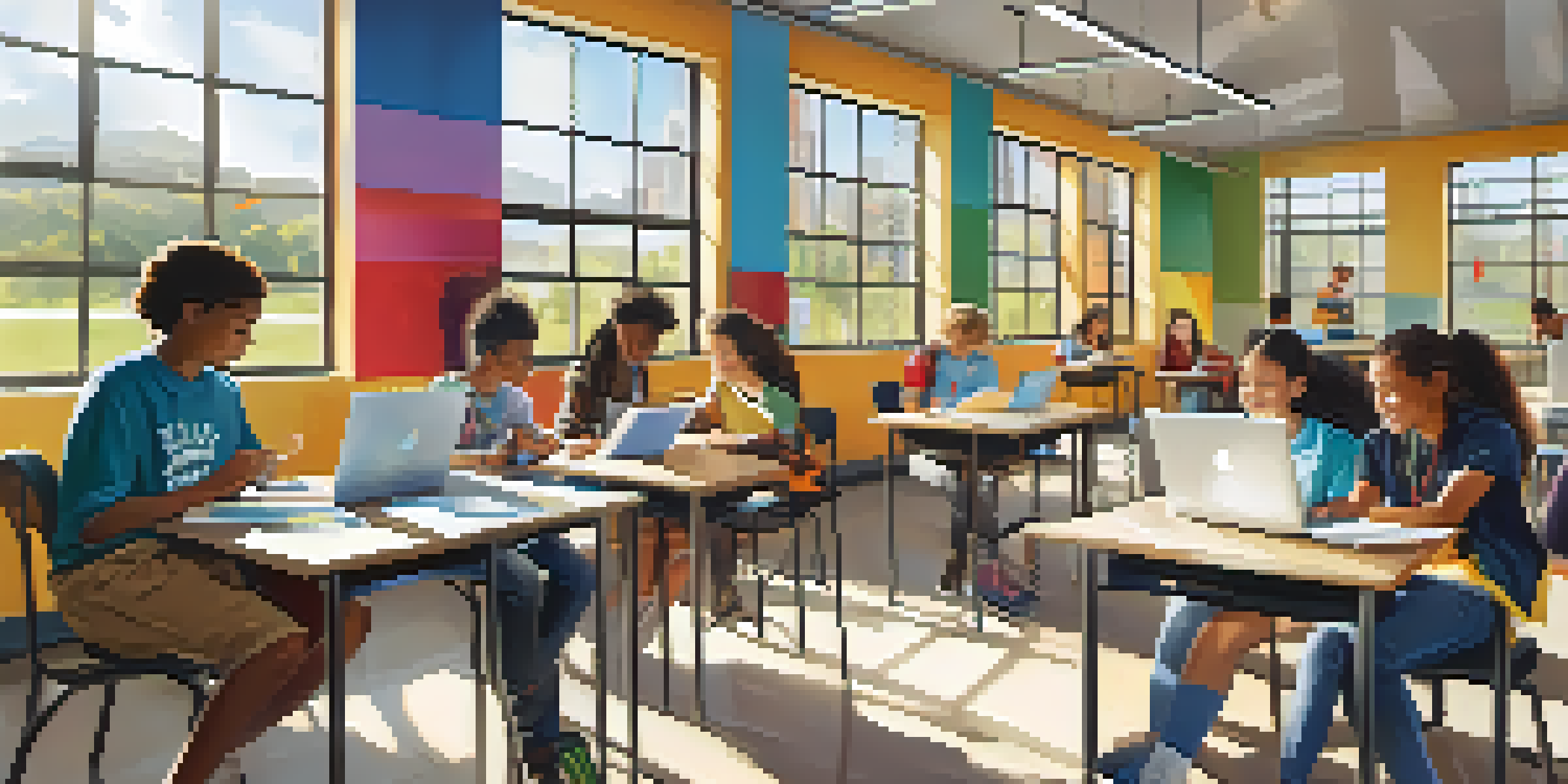 A diverse group of students in a well-lit classroom, collaborating with technology and educational materials around them.