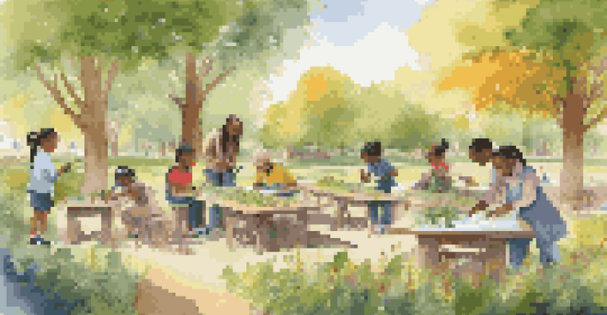 A diverse group of students in a sunny park examining plants and insects during an outdoor science lesson. Bright flowers and trees surround them.