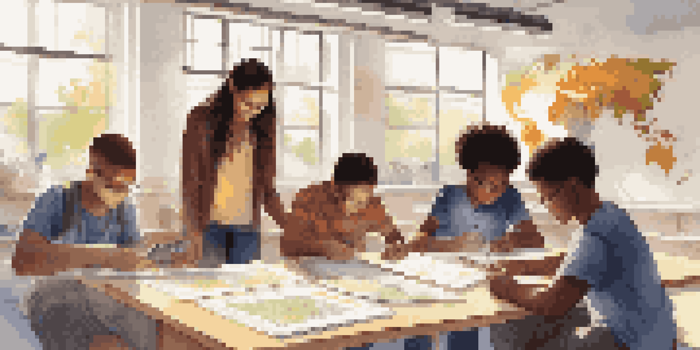 A diverse group of students working collaboratively on a project in a bright classroom, with maps and technology around them.