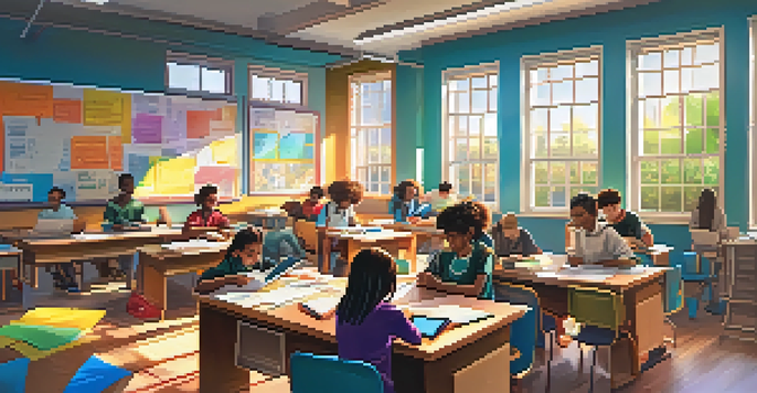 A diverse group of students working together in a bright classroom filled with technology and educational resources.