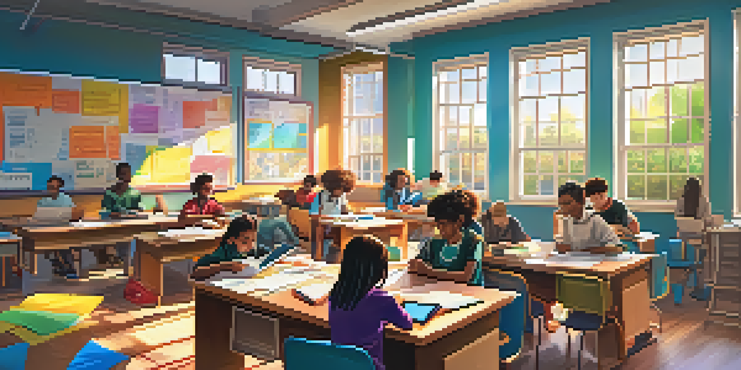 A diverse group of students working together in a bright classroom filled with technology and educational resources.