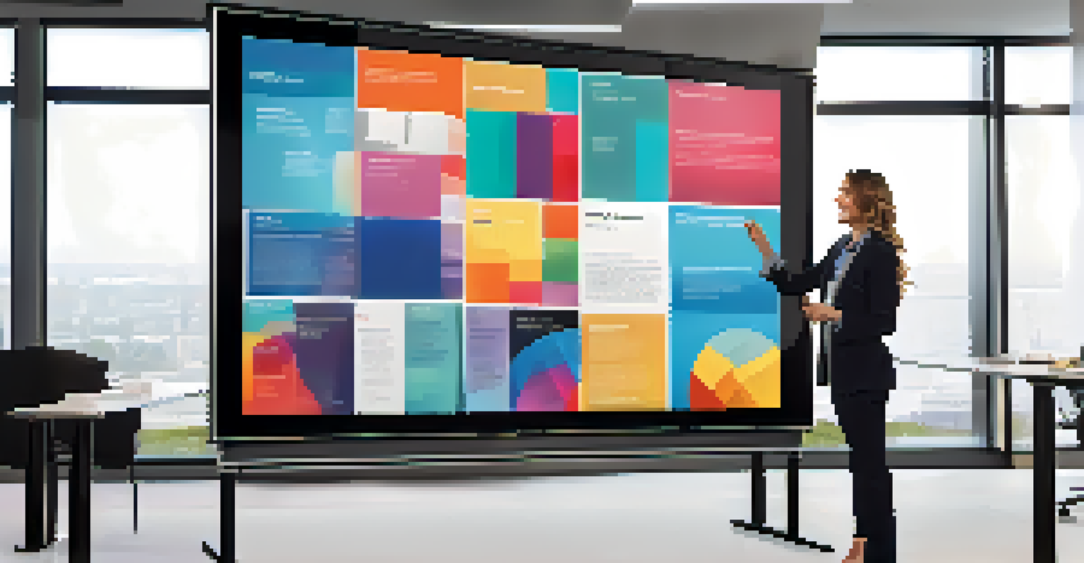 A digital portfolio on a large screen in an office, with a person pointing to it, showcasing collaboration.