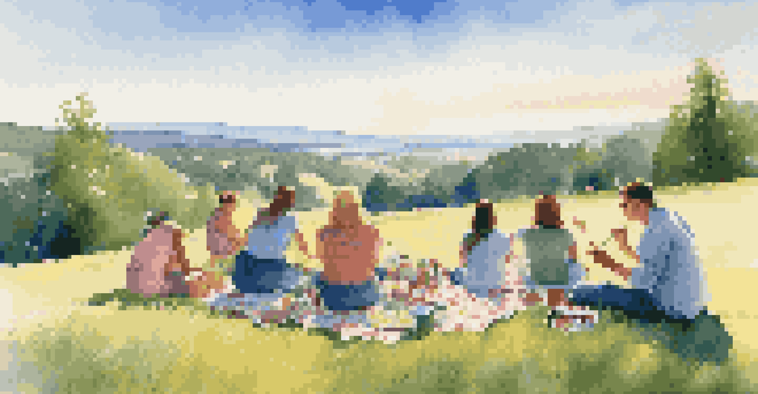 A group of friends having a painting picnic on a grassy hill, surrounded by art supplies and a beautiful landscape.