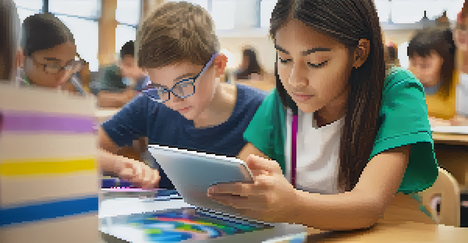 A close-up of a student using a tablet for personalized learning, with colorful interactive content displayed.