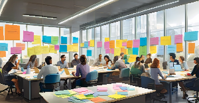 A group of diverse employees collaborating in a bright office, surrounded by learning resources.