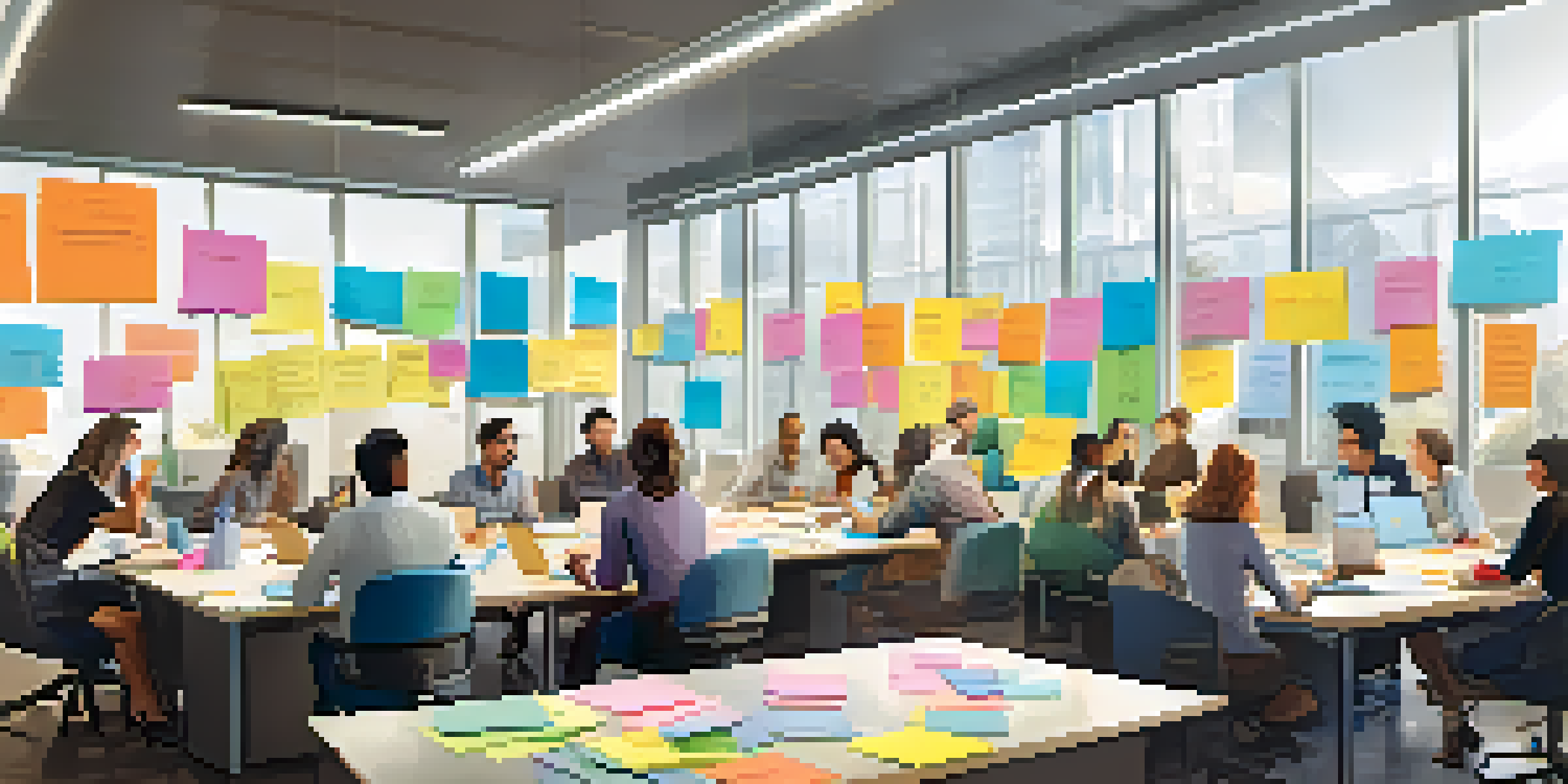 A group of diverse employees collaborating in a bright office, surrounded by learning resources.