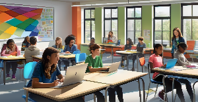 A modern classroom with students using laptops and a teacher leading a discussion, filled with natural light and colorful decor.