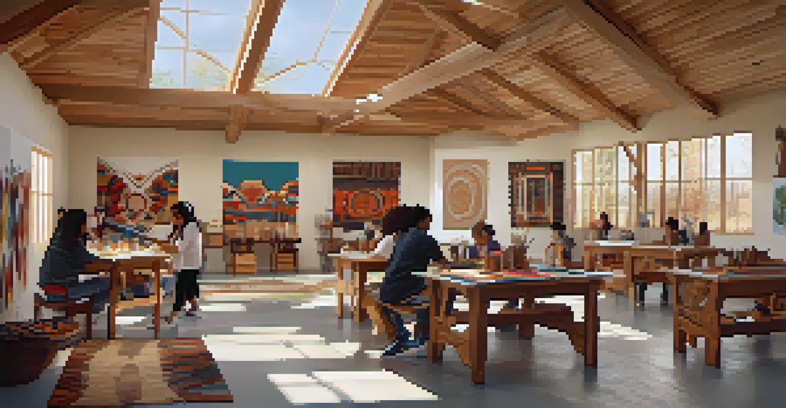 Students in an art studio creating artwork inspired by Indigenous techniques, with vibrant colors and textures visible in a well-lit environment.