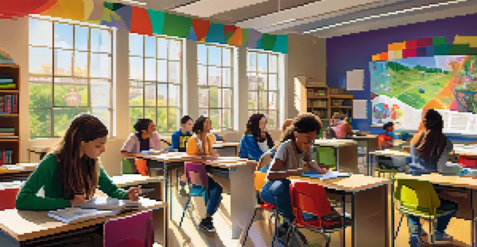 A bright classroom filled with engaged students using various learning tools, with sunlight streaming in and educational posters on the walls.
