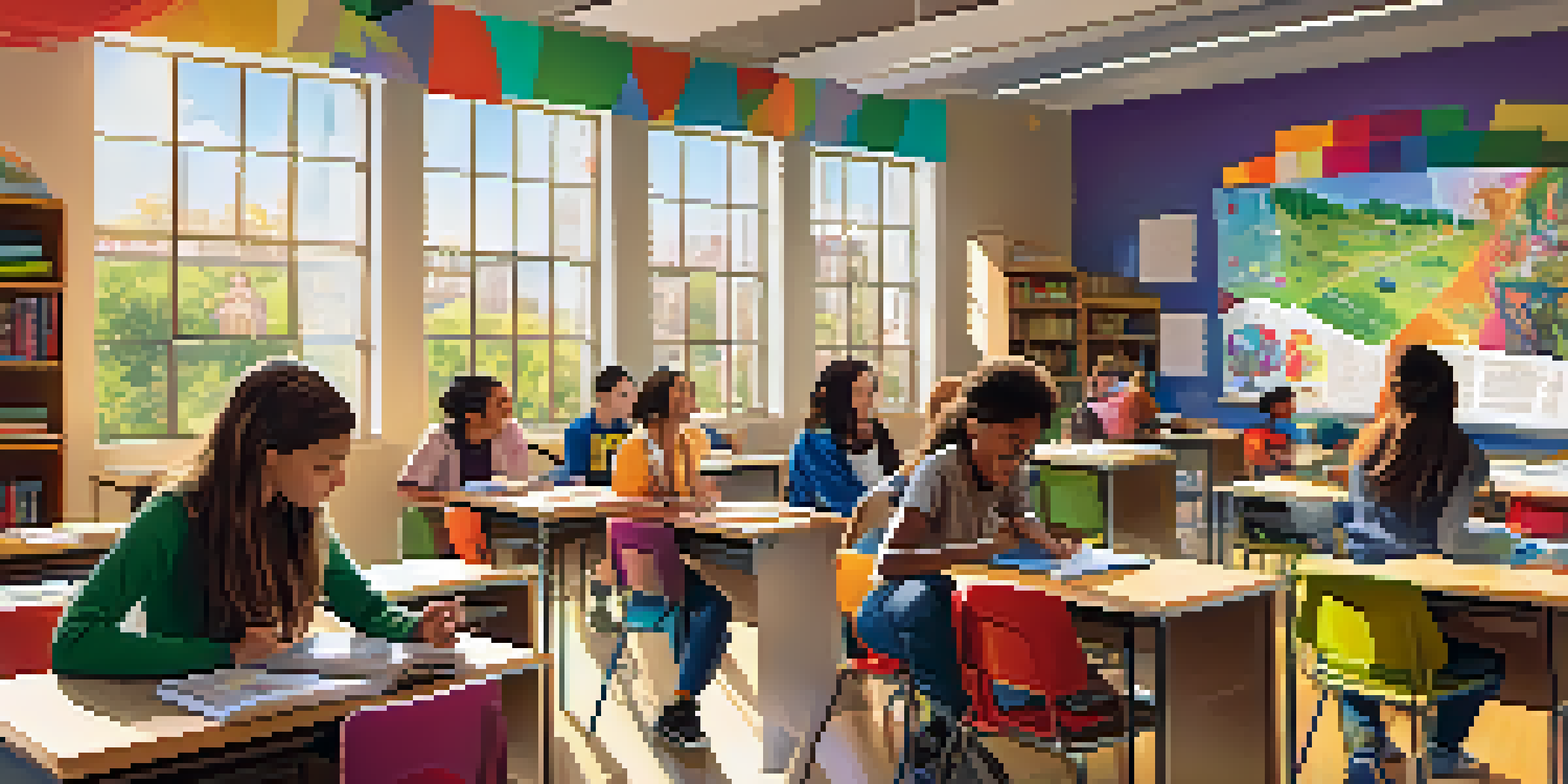 A bright classroom filled with engaged students using various learning tools, with sunlight streaming in and educational posters on the walls.