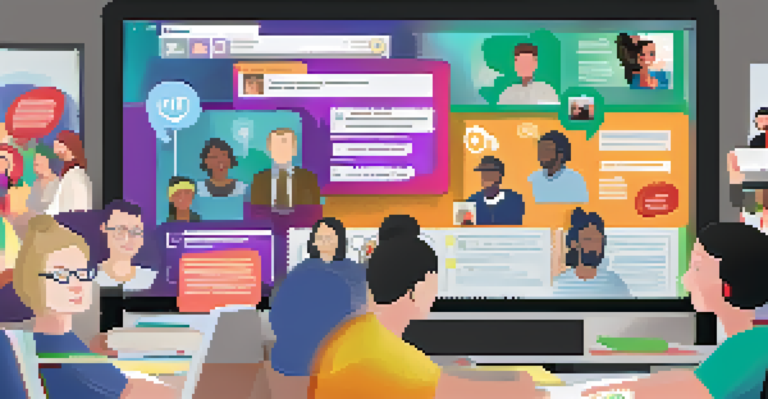 A computer screen displaying an online forum with vibrant discussions about community issues, featuring colorful comments and images of civic activities.