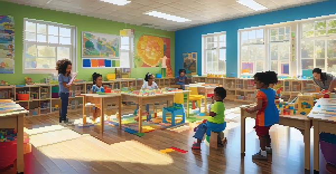 A lively classroom with children of different ethnicities playing and learning together, surrounded by colorful toys and educational materials.