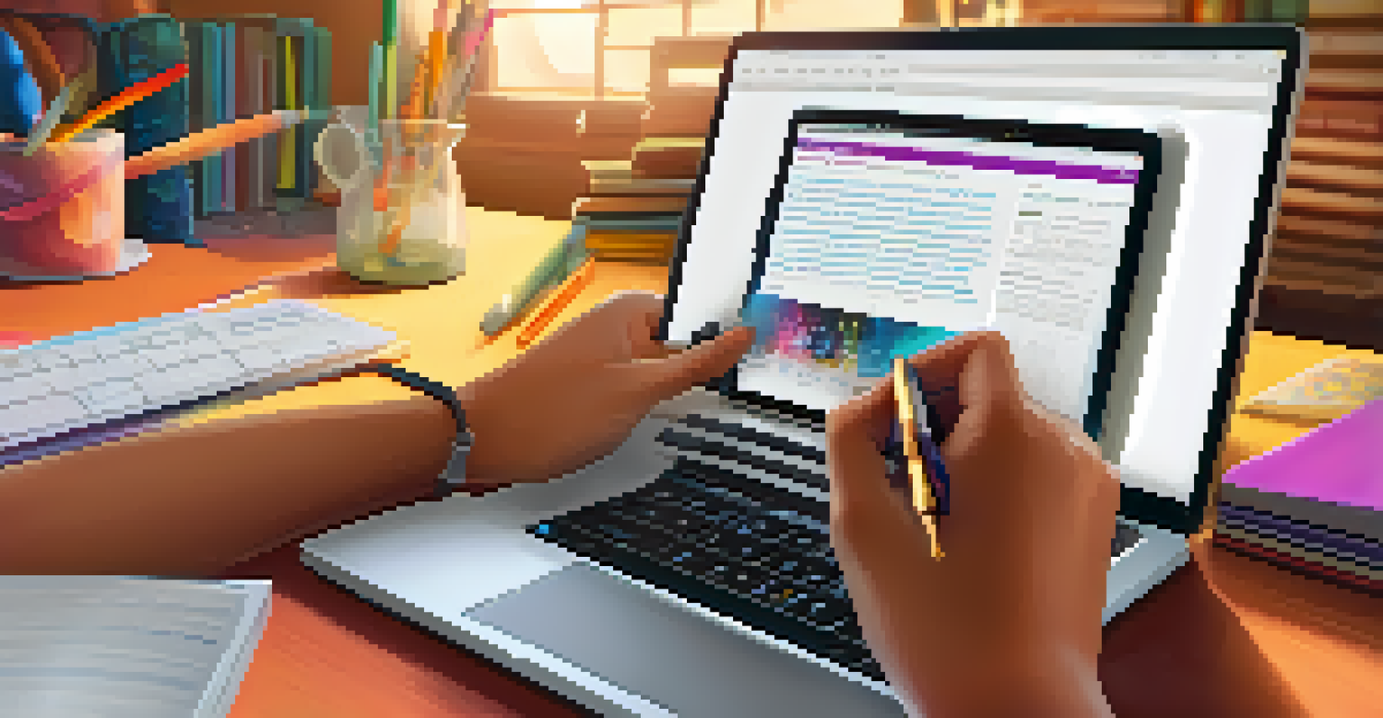 A close-up of a student's hands typing on a laptop, creating a digital storytelling project with colorful graphics on the screen.