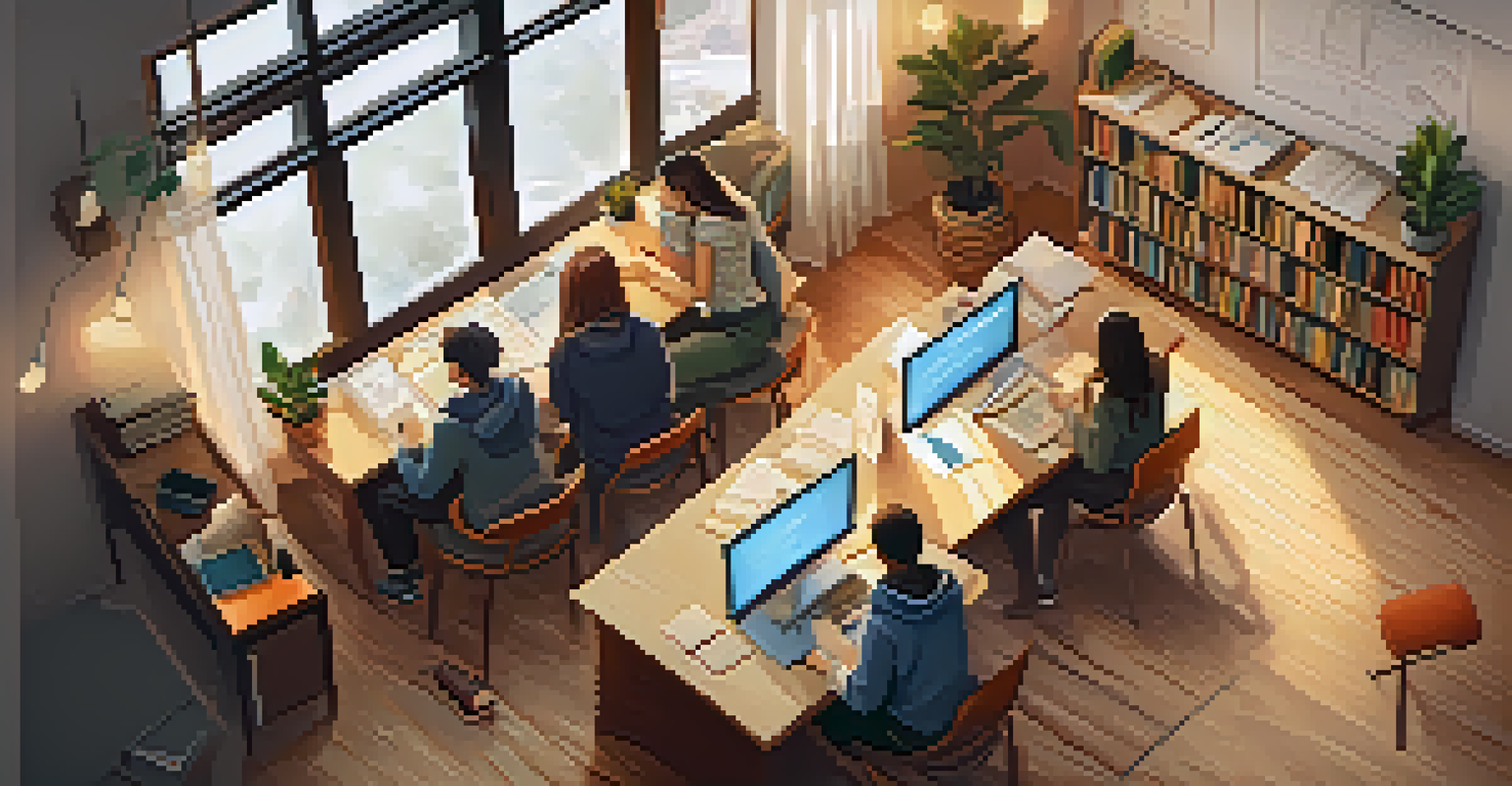 An overhead view of students collaborating on a project in a cozy study space with notes and laptops, illuminated by warm lighting.