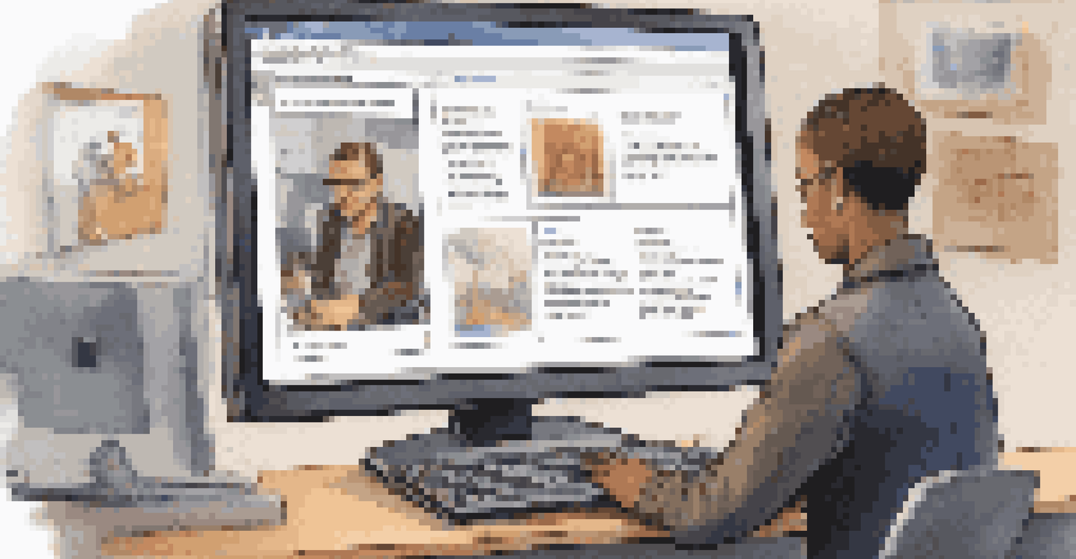 A teacher looking at a student's digital portfolio on a computer screen in a modern classroom, surrounded by educational materials.