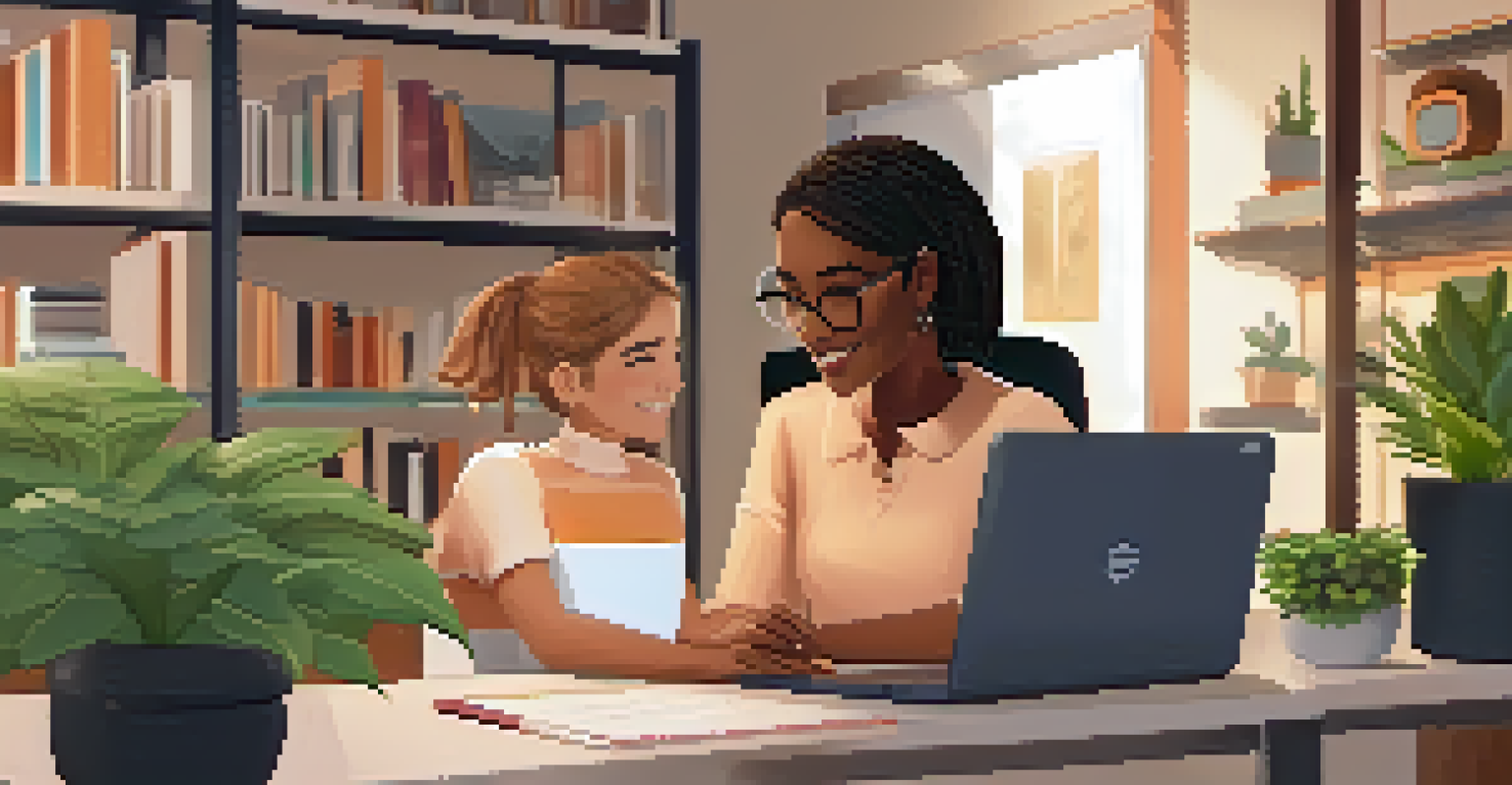 An educator and student in a modern classroom, discussing personalized feedback on a laptop, with bookshelves in the background.